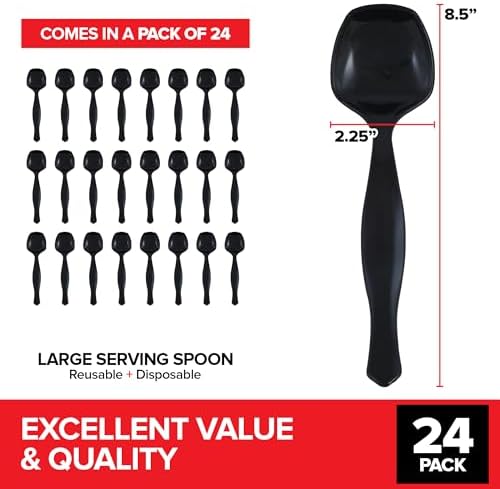 24 Count Disposable Black Plastic Serving Spoons for Catering, Weddings, Holidays and More - Large Plastic Buffet Spoons for Parties, Stock Your Home