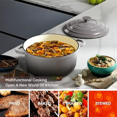 Miereirl 6 Quart Enameled Dutch Oven Pot with Lid, Cast Iron Dutch Oven with Dual Handles for Bread Baking, Cooking, Non-stick Enamel Coated Cookware, Grey