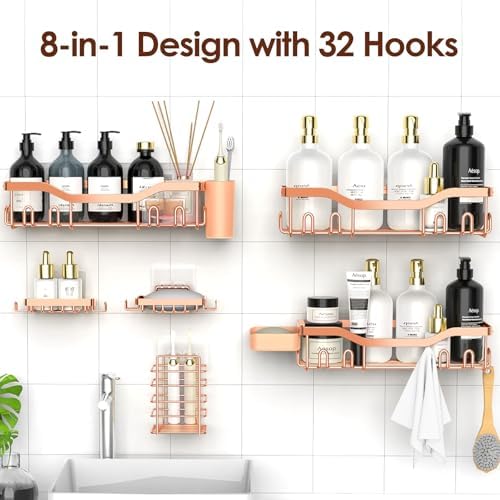 NESOMI Shower Caddy Adhesive Shower Organizer 8-Pack, Rustproof Stainless Steel Bathroom Shelves, Large Capacity No-Drill Rack Storage Accessories with Soap Dish Toothbrush Holder Hooks