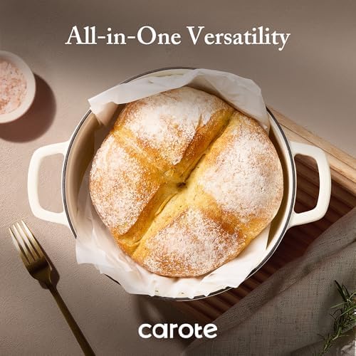 CAROTE Enameled Cast Iron Dutch Oven Pot with Lid, 4 QT Dutch Ovens, Heavy-Duty Cast Iron Pot for Sourdough Bread Baking, Braising, Stews, Roasting, Healthy & Non-Toxic, Dual Handles, All Stovetop Compatible, Oven Safe up to 500° F, Cream White