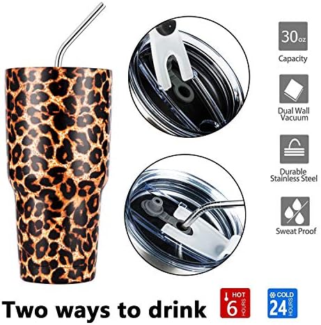 30oz Leopard Tumbler Stainless Steel Insulated Travel Mug with Straw Lid Cleaning Brush (30 oz Leopard), 1 Count (Pack of 1)