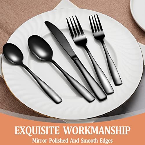 40 Pcs Black Silverware Set, Stainless Steel Flatware Set for 8, Food-Grade Cutlery Set, Mirror Polished Tableware Eating Utensils Set for Home Kitchen, Include Knife Fork Spoon Set, Dishwasher Safe