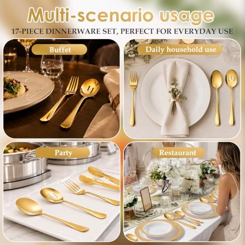 Mwellewm 17Pc Gold Serving Utensils, Stainless Steel Heavy Duty Serving Set