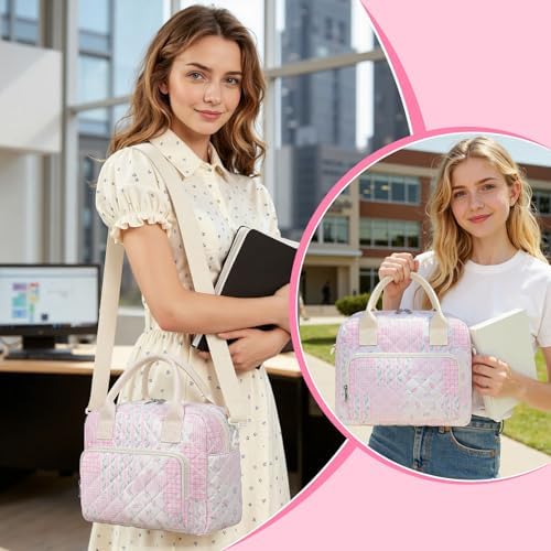 WOBAGMEN Quilted Lunch Box for Women, Insulated Lunch Bag for Adult,Cute Lunch Tote Bags for Work Picnic Travel (pink floral pin, M)