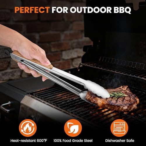 12-Inch Stainless Steel Kitchen Tongs with Oak Wood Handle,Heavy Duty