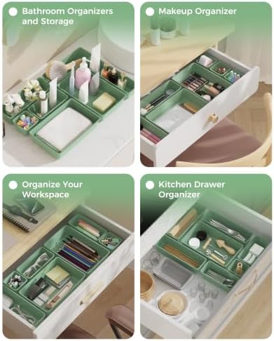 BiuLeon 25 PCS Plastic Drawer Organizers Set, 4-Sizes Vanity and Makeup Organizer, Desk and bathroom Drawer Organizer Trays, Organizers and Storage for Makeup, Jewelry, Gadgets, Utensils (Green)