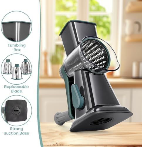Rotary Cheese Grater, Cheese Grater Hand Crank, 3-Blade Grater
