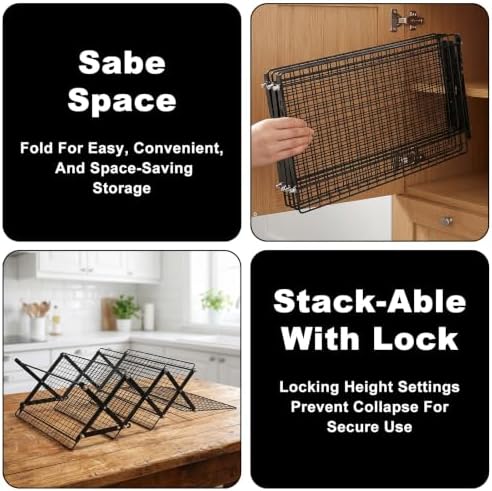 4 Tier Cooling Rack Adjustable Stackable Non-Stick Wire Rack Stainless Steel Baking Racks with Leak-Proof Mesh X-Shaped Structure for Roasting Cooking Cookies Cakes Drying Picnic Party