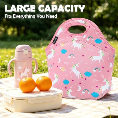 FlowFly Neoprene Lunch Tote Insulated Thermal Reusable Lunch Bag Box for Boys Men with Zipper,Unicorn