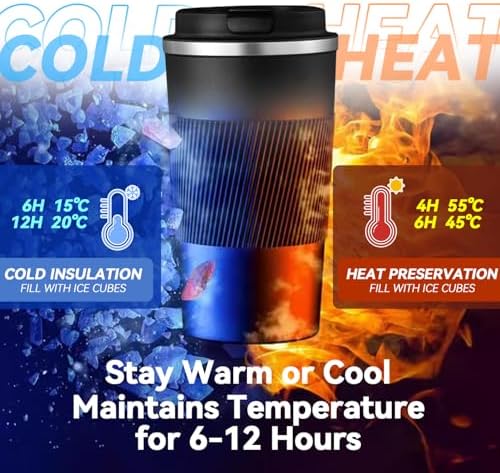 12OZ Travel Coffee Mug Insulated Coffee Cup with Spill Leak Proof Lid, Portable Stainless Steel Tumbler Reusable Hot and Cold Water Mug for Car, Daily, Camping-Black