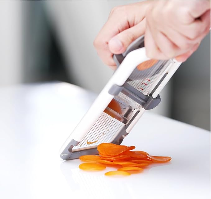 Handheld Mandoline Slicer for Kitchen - Adjustable 3-Thickness Vegetable Slicer (1mm-3mm) with Food Holder - Safe Potato Slicer & Cucumber Cutter for Salad, Easy to Clean (Gray)