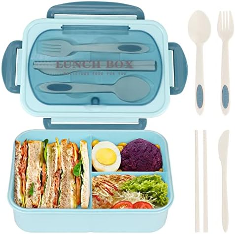Bento Box for Adult, 1200 ML Lunch Containers, LeakProof Lunch Box with Utensils, BPA Free, 3 Compartment Bento Box Microwave Safe, Blue
