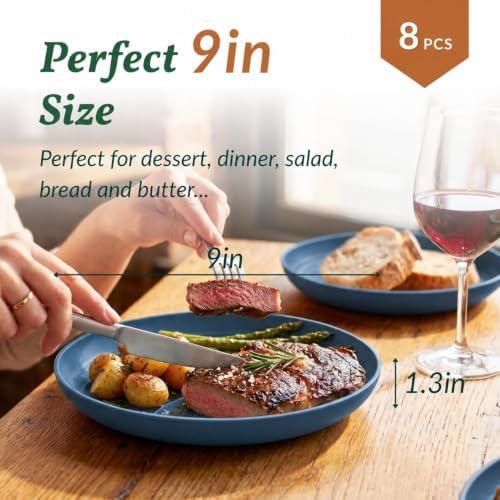 Homienly Unbreakable 8 Pcs Deep Dinner Plates Reusable Plastic Wheat Straw Plates Set Lightweight Kitchen Plates for Salad, Lunch, Dessert, Microwave & Dishwasher Safe Plates for Camping (Blue, 9 In)