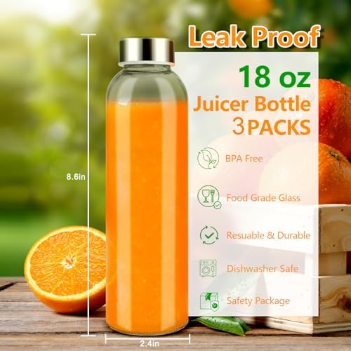 Zukro 18 oz Glass Water Bottles with Stainless Steel Lids, 100% Leak Proof