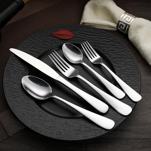 Amazon Basics Silverware Set, Stainless Steel Flatware, Dishwasher Safe, Service for 4, 20-Piece Forks and Spoons, Round Edge, Everyday Use