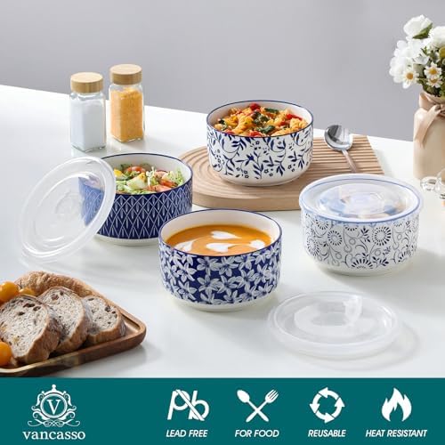 vancasso 36 Oz Ceramic Serving Bowls with Lids Set of 4, Porcelain Lunch Bowls with Lids for Food Storage, Prep Bowl for Kitchen, Microwave & Dishwasher Safe,Series SELENE