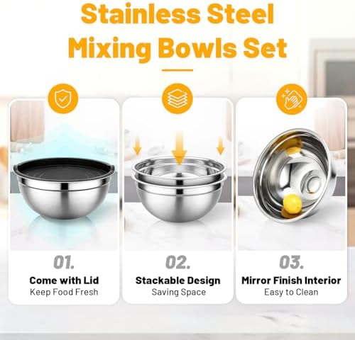 Beasea Mixing Bowls with Lids, 2 Pack 4 QT Stackable Stainless Steel Mixing Bowls Set with Lids, Metal Nesting Bowl for Kitchen, Baking, Food Prepping and Serving