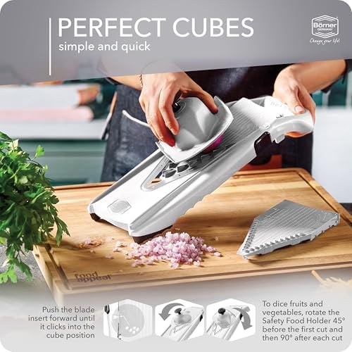 Börner Mandoline Slicer V5 (Professional Set) • Adjustable Vegetable Slicer (7-piece) • 10 Cutting Styles • Kitchen Slicer incl. Docking Station • Stainless Steel V-Blade • Color: White