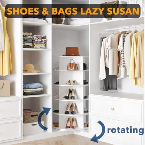 SpaceAid 5 Tier Rotating Shoe Rack Tower, Spinning Shoe Display Lazy Susan, Revolving 360 Shoe Rack Storage Round Carousel, Vertical Handbag Rotate Shoes Closet Organization (5-Tier White)