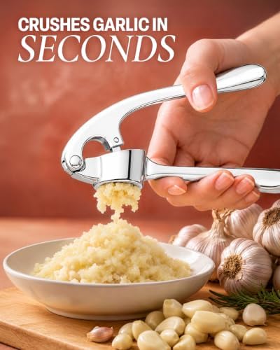 Zulay Kitchen Premium Garlic Press Set - Rust Proof Professional Garlic Mincer Tool - Easy-Squeeze, Easy-Clean with Soft, Ergonomic Handle - Silicone Garlic Peeler & Brush (Chrome)