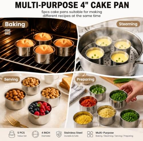 TeamFar 4 Inch Cake Pan, 5 Pcs Stainless Steel Round Baking Cake Pans Set