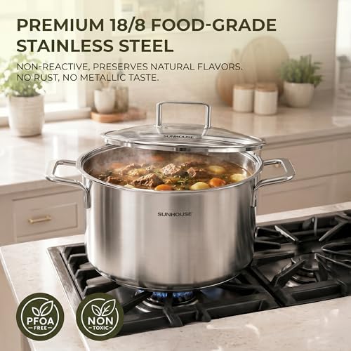 SUNHOUSE 6 QT Fully Clad Tri-ply Stainless Steel Stock Pot with Glass Lid