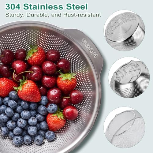 Stainless Steel Colander Set with Self-Draining Base for Edge of Sink