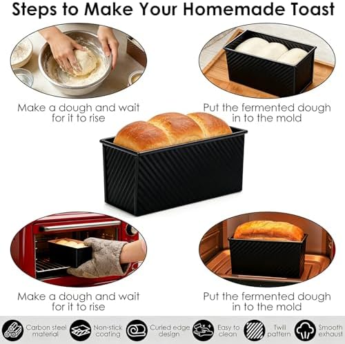 Saiveina 【5 Bonus Heart Shaped Cake Pans 】 Pullman Loaf Pan with Lid, 1 lb Bread Loaf Pan Non-Stick Carbon Steel, Square Bakeware for Sandwich, Shokupan, Pain de Mie, Sourdough, Toast, Black