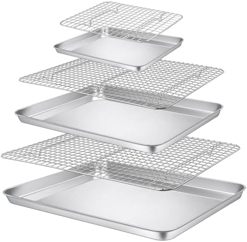 P&P CHEF 17.5 + 16 + 10.4 Inch Cookie Baking Sheet Pan with Wire Rack,6 Pcs