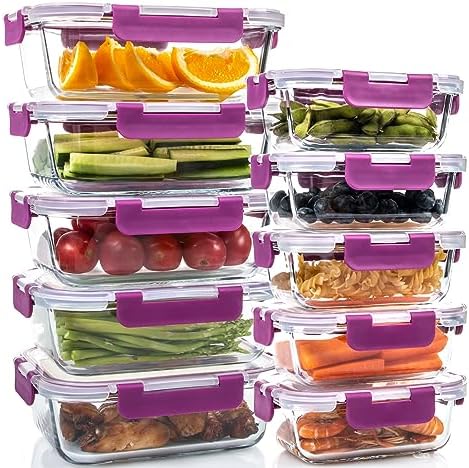 UMEIED 10 Pack Glass Food Storage Containers with Lids, Leakproof Airtight Glass Meal Prep Containers For Lunch, On The Go, Leftover, Dishwasher Safe