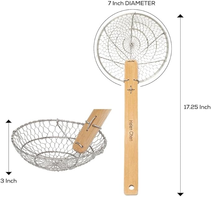 Helen's Asian Kitchen Spider Strainer, 7-Inch Stainless Steel Mesh Basket With Bamboo Handle, For Noodles, Dumplings, Wontons, Deep Frying, And Draining Tasks