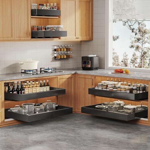 Seinloes 4 Pack Expandable Pull Out Cabinet Organizer 21"Deep With Raising Pad for Framed Cabinets,Upgrade 3 Slide Rails Slide Out Drawers,Roll Out Shelves Adhesive,Adjustable Width 15.15"-26.3" Black