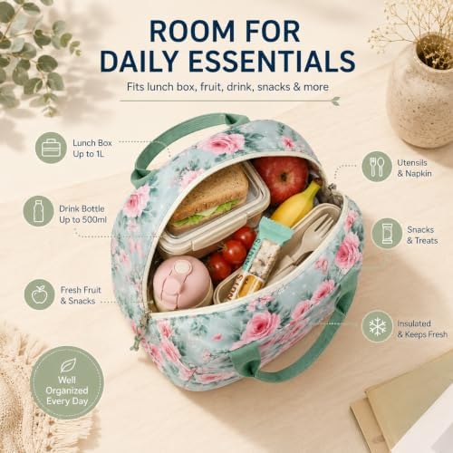 Bluboon Lunch Box for Women Cute Lunch Bag Reusable Insulated Lunch Bags Large Capacity Lunchbox Cooler for Work Picnic or Travel Gifts (Pink Rose Bow 282, 10 x 7.5 x 8 inches)
