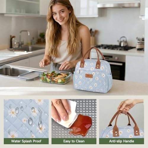 HOMESPON Insulated Lunch Bag for Women Men, Cooler Tote Box, Blue Daisy