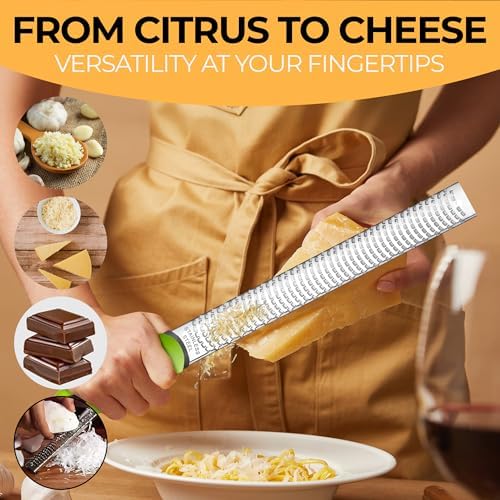 Orblue Lemon Zester & Cheese Grater - Premium Citrus Zester, Kitchen Grater for Parmesan, Chocolate, Fruits, Vegetables, Ginger, Garlic, Nutmeg - Stainless Steel Blades with Protective Cover, Green