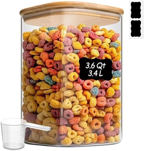 ComSaf Glass Storage Jars with Bamboo Lids 3.6 Qt Large Pantry Square