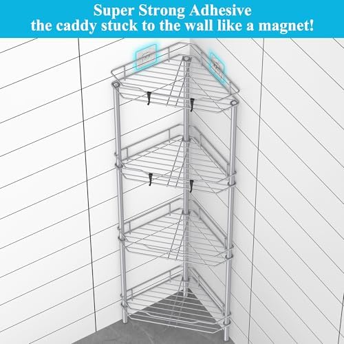 HuggieGems Metal Floor Standing Corner Shower Caddy, Silver, 4 Tier