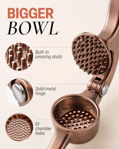 Zulay Kitchen Large Premium Garlic Press Set - Bigger Bowl for Bigger Garlic - Rust Proof Garlic Mincer Tool - Easy-Squeeze, Easy-Clean Silicone Garlic Peeler & Brush (Copper)