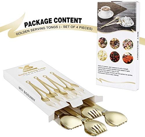 MSY BIGSUNNY Mini Appetizer Tongs Stainless Steel Set of 4, Metal Small Serving Tongs, 6 Inch(15.2cm, Golden)
