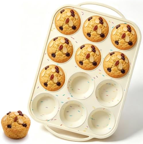 CAKETIME Silicone Muffin Pan, Metal Reinforced Frame Regular Size 2.8 Inch Cupcake Pan with Handle 12 Cups Nonstick Muffin Tray for Baking BPA Free 1 Pack