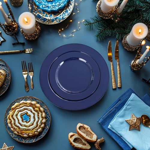 FLOWERCAT 100PCS Blue Plastic Plates - Heavy Duty Blue Disposable Plates for Memorial/Birthday Party/Graducation - Include 50PCS 10.25inch Dinner and 50PCS 7.5inch Dessert/Salad Plates for 50 Guests