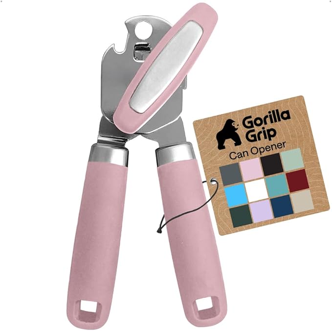 GORILLA GRIP Heavy Duty Stainless Steel Smooth Edge Manual Can Opener and Bottle Openers, Soft Comfortable Handle, Oversized Handheld Turn Knob, US Designed Multifunctional Kitchen Tool, Pink