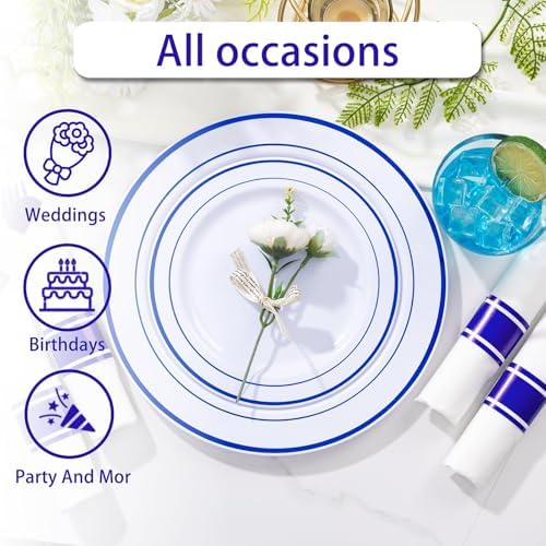 WELLIFE 350 Pieces Blue Plastic Plates - Disposable Silverware and Cups, Include: 50 Dinner Plates 10.25”, 50 Dessert Plates 7.5”, 50 Blue Cups 9 OZ, 50 Plastic Cutlery