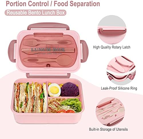 Bento Box for Adult, 1200 ML Lunch Containers for Adults, LeakProof Lunch Box with Utensils, BPA Free, 3 Compartment Bento Box Microwave Safe, Pink