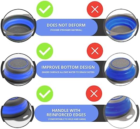 Round Silicone Blue Colander Collapsible – Foldable Kitchen Strainer Small Collapsible Colander Blue with Plastic Handles for Draining Vegetable and Fruit Round Silicone Kitchen Strainer for Pasta