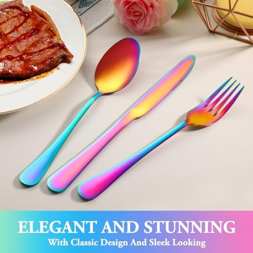 36 Pcs Rainbow Silverware Set with Steak Knives, Stainless Steel Flatware Cutlery Set for 6, Kitchen Tableware Sets, Utensil Sets for Home and Restaurant, Dishwasher Safe