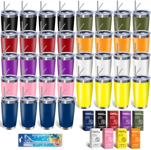 HAOLI 36 Pack Bulk 20oz Stainless Steel Tumblers, Lids & Straws, Mix Color