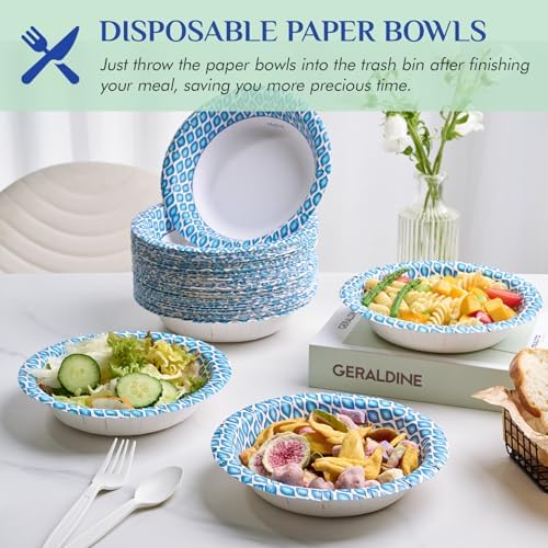 MUCHII 20 Oz Paper Bowls 180 Count Disposable Bowls, Printed Soak Proof Large Bowls for Breakfast, Lunch, and Dinner Meals