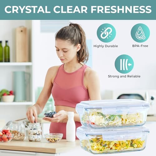 Razab 6.5 Cups / 52 Oz 4 Piece (2 Containers + 2 Lids) Glass Food Storage Containers Set with Airtight Locking Lids - For Storing, Baking & Serving BPA Free, Leakproof - Microwave, Freezer & Oven Safe