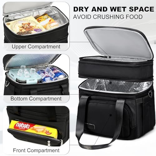 MAPLELILY Lunch Box for Men Women - Double Deck Insulated Lunch Bag, Large Leak Proof Tote Cooler, Wide Open Dual Compartment Lunch Bags with Shoulder Strap, For Work Picnic Hiking Beach, Black